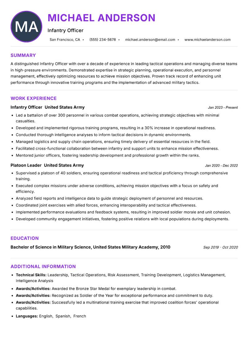 Infantry Officer resume example