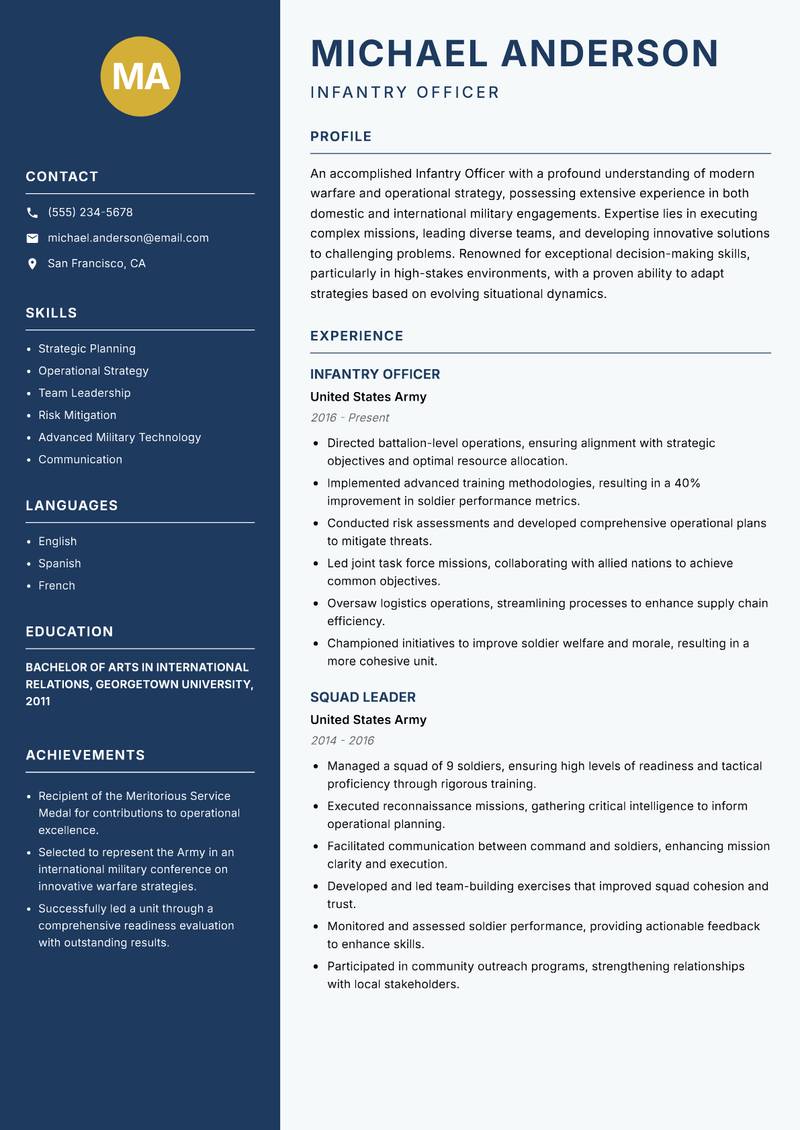 Infantry Officer resume sample — Infantry Officer focus