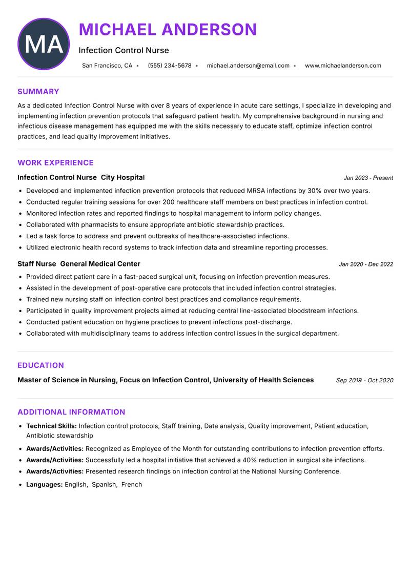 Infection Control Nurse resume example