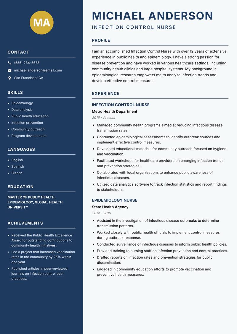 Infection Control Nurse resume sample — Infection Control Nurse focus