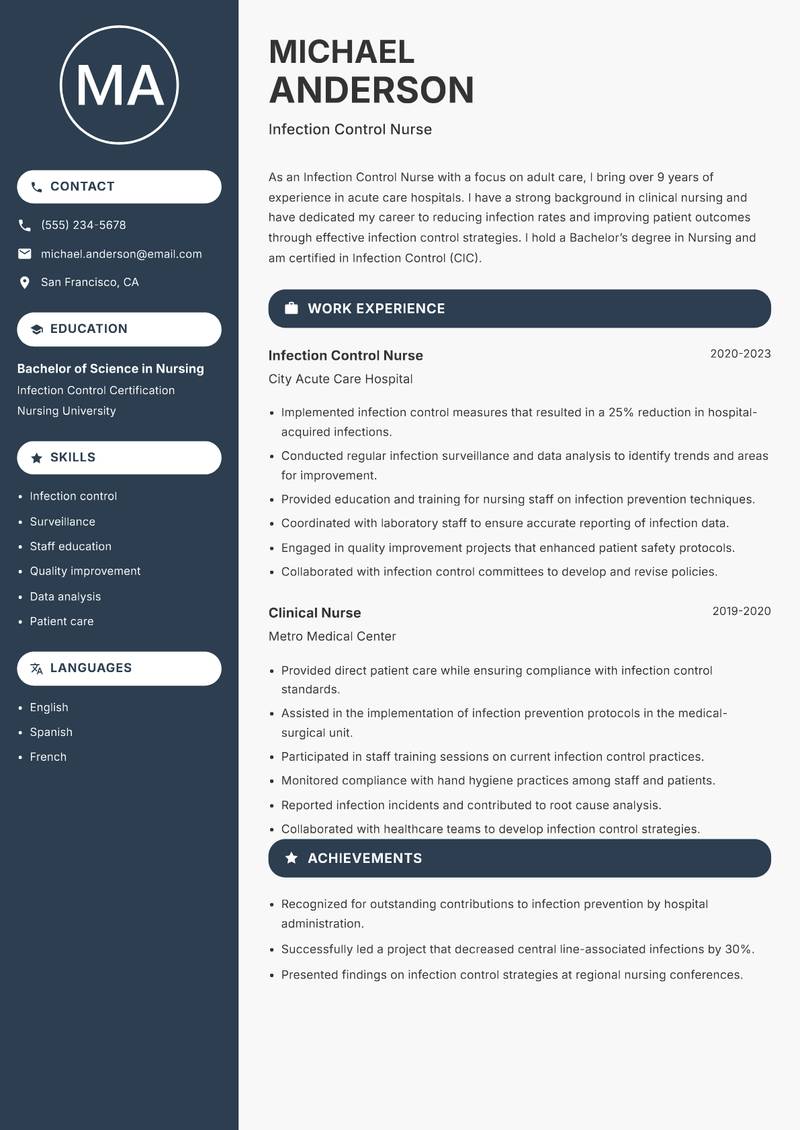 Infection Control Nurse resume sample — Infection Control Nurse focus
