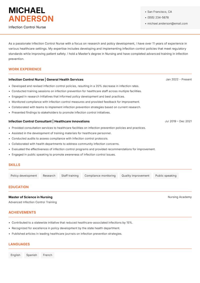 Infection Control Nurse resume sample — Infection Control Nurse focus