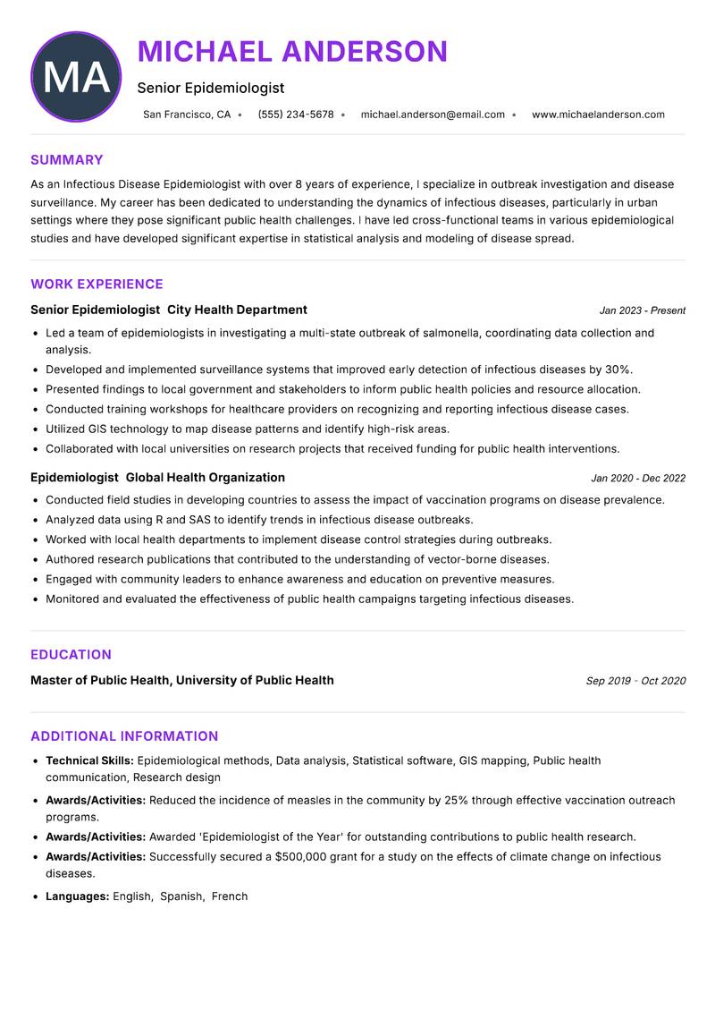 Infectious Disease Epidemiologist resume example