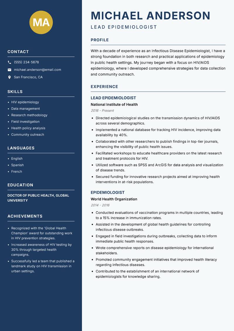 Infectious Disease Epidemiologist resume sample — Lead Epidemiologist focus