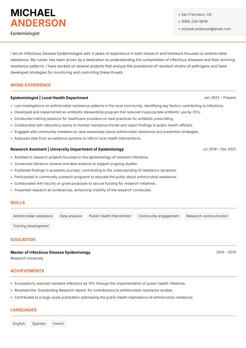 Infectious Disease Epidemiologist resume sample — Epidemiologist focus