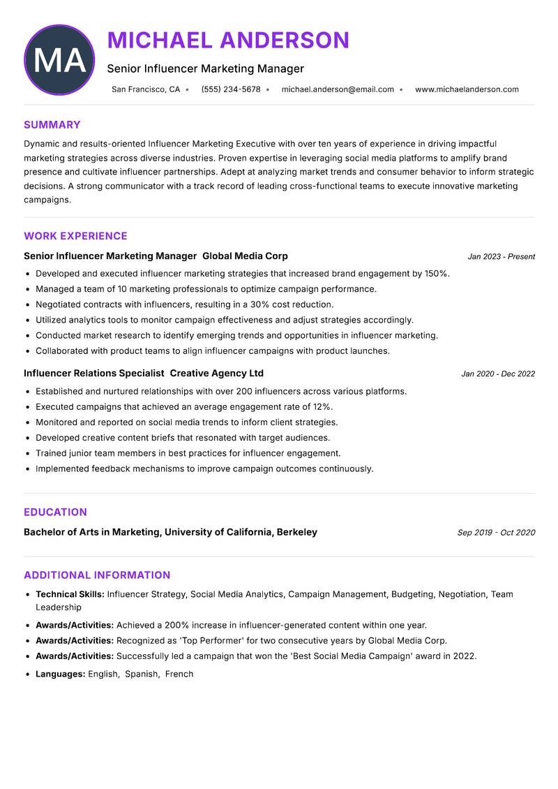 Influencer Marketing Executive resume example