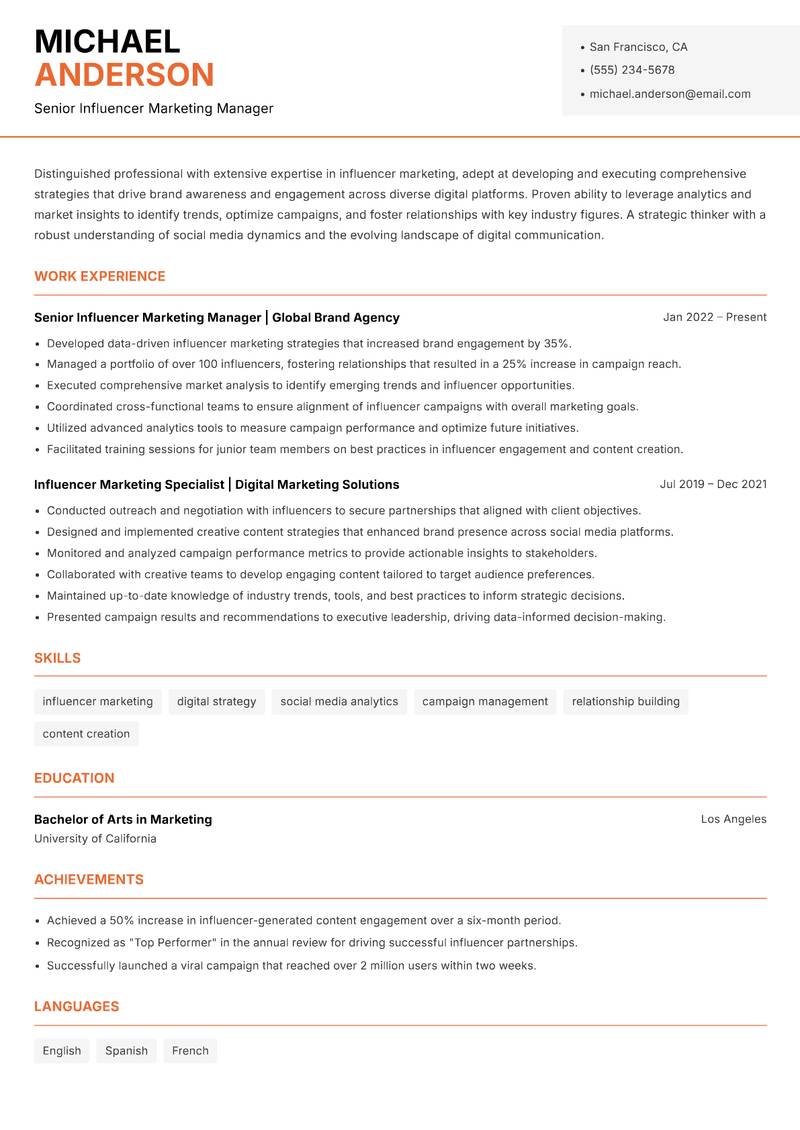 Influencer Marketing Executive resume sample — Senior Influencer Marketing Manager focus
