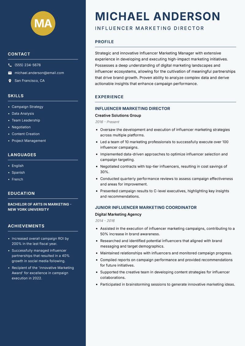 Influencer Marketing Manager resume sample — Influencer Marketing Director focus