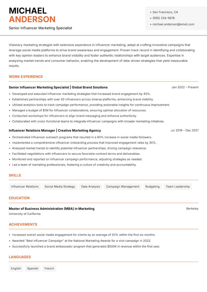 Influencer Marketing Manager resume sample — Senior Influencer Marketing Specialist focus
