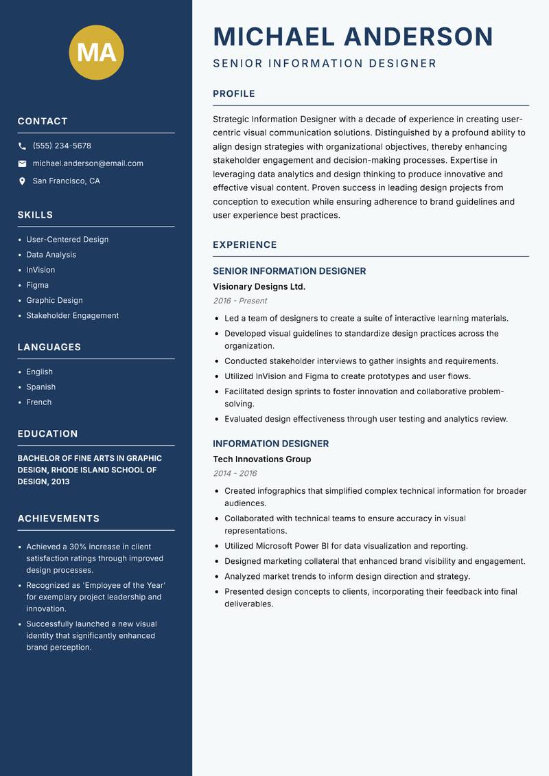 Information Designer resume sample — Senior Information Designer focus