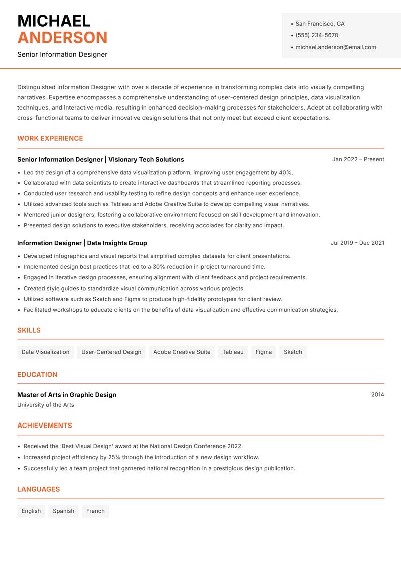 Information Designer resume sample — Senior Information Designer focus