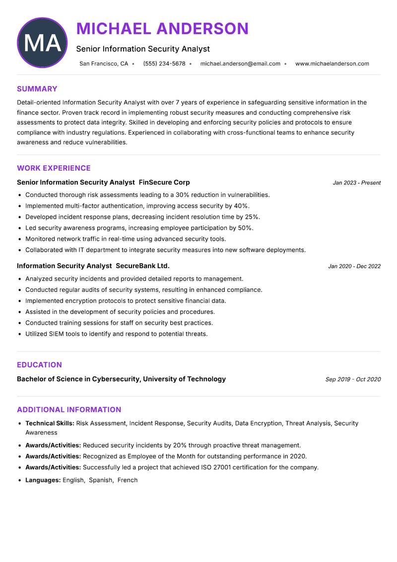 Information Security Analyst resume example