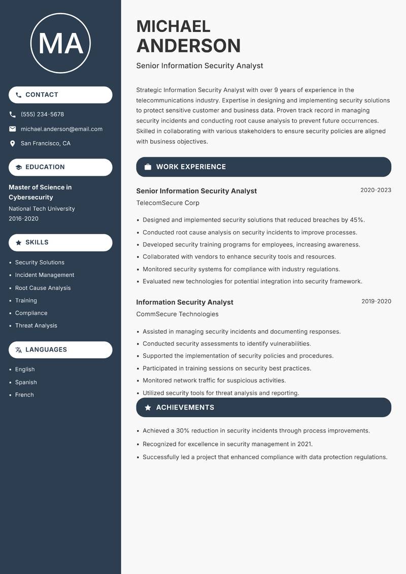 Information Security Analyst resume sample — Senior Information Security Analyst focus