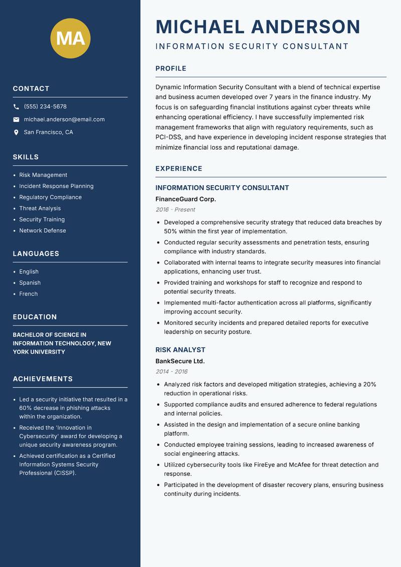 Information Security Consultant resume sample — Information Security Consultant focus