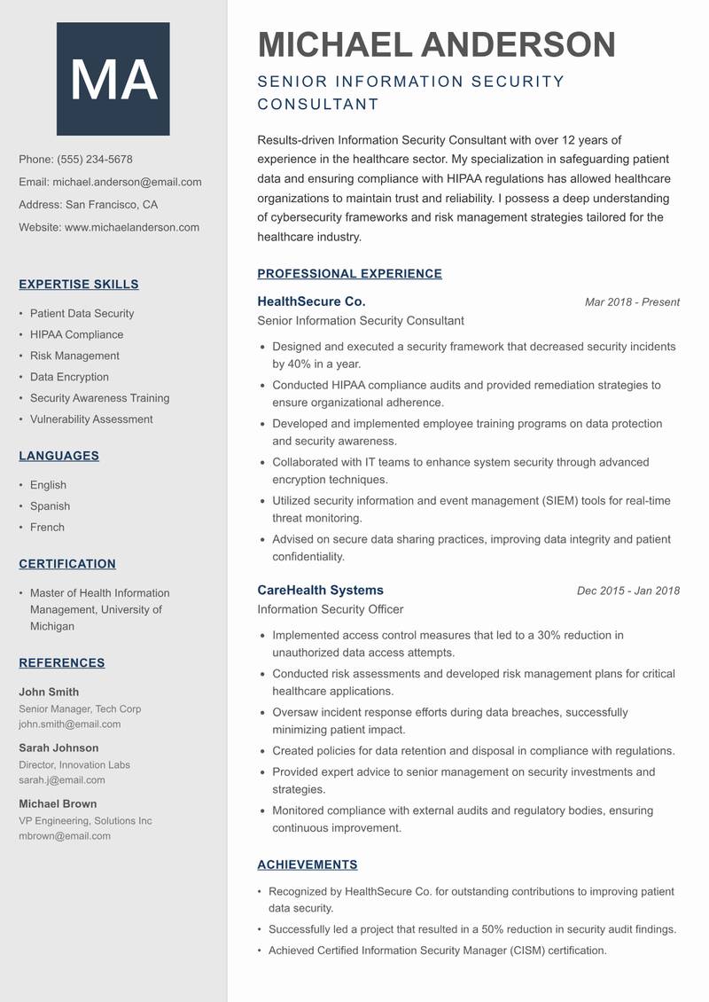Information Security Consultant resume sample — Senior Information Security Consultant focus