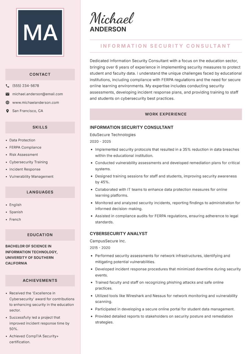 Information Security Consultant resume sample — Information Security Consultant focus