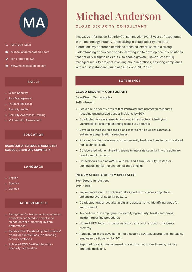 Information Security Consultant resume sample — Cloud Security Consultant focus