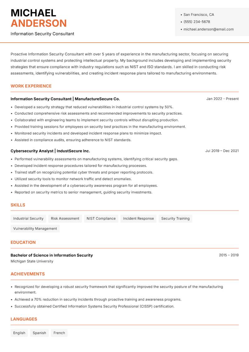 Information Security Consultant resume sample — Information Security Consultant focus