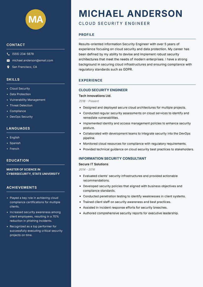 Information Security Engineer resume sample — Cloud Security Engineer focus