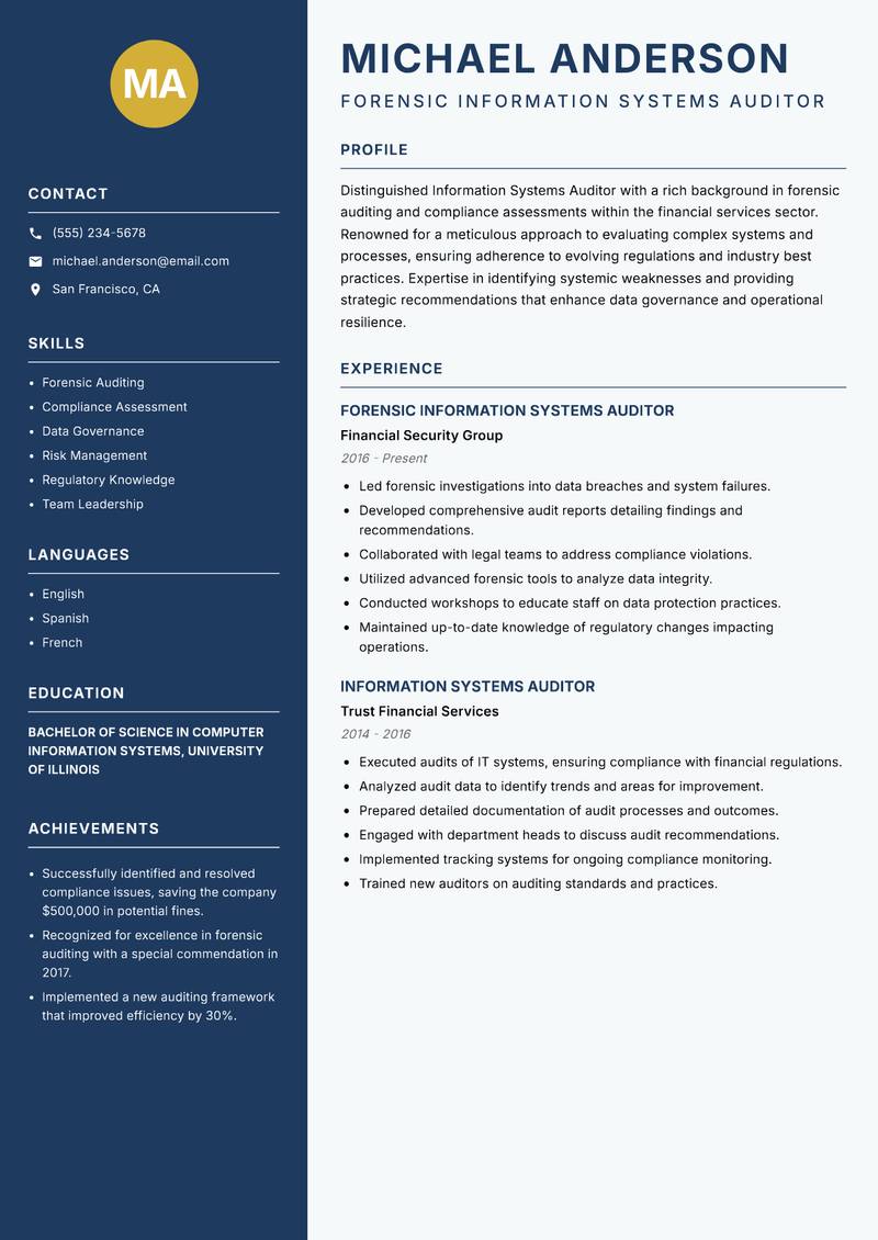 Information Systems Auditor resume sample — Forensic Information Systems Auditor focus