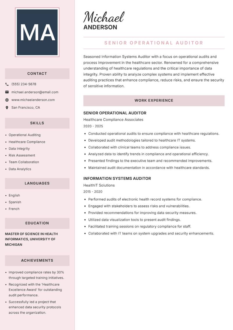 Information Systems Auditor resume sample — Senior Operational Auditor focus
