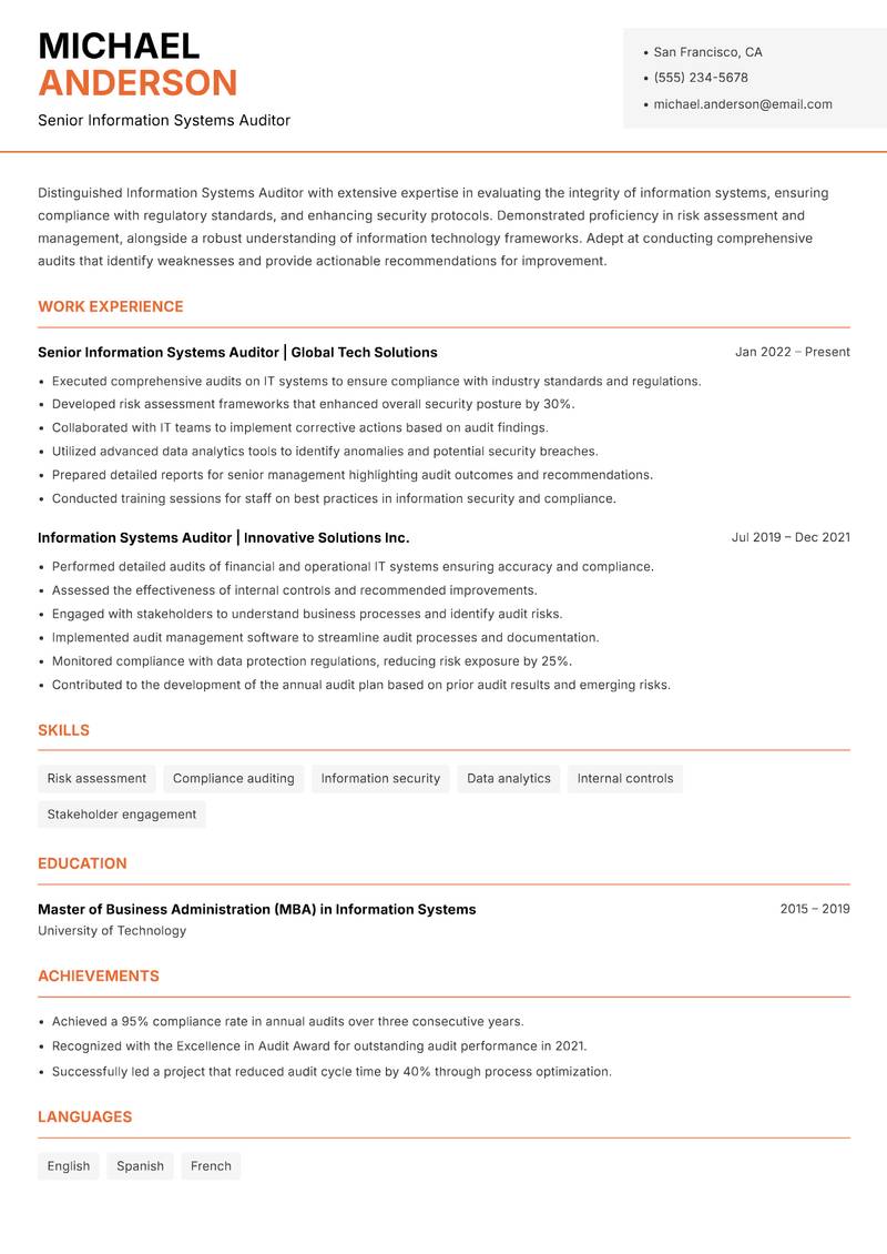Information Systems Auditor resume sample — Senior Information Systems Auditor focus
