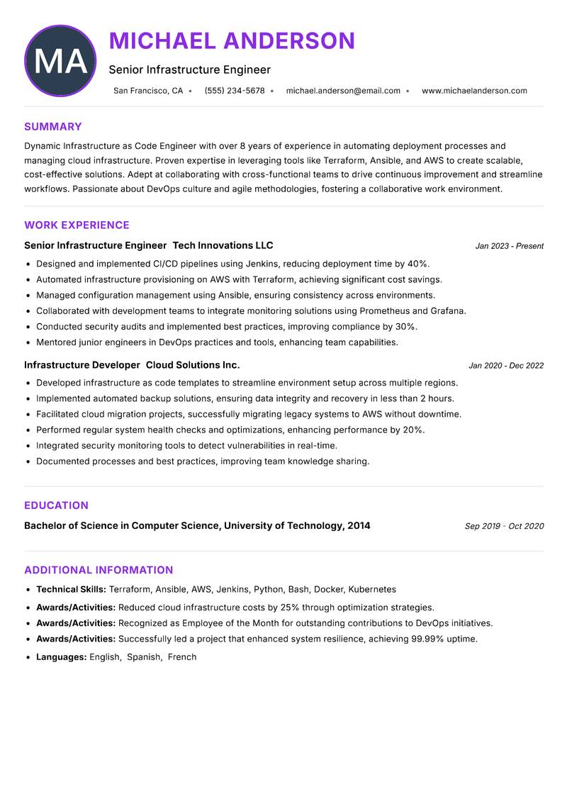 Infrastructure as Code Engineer resume example
