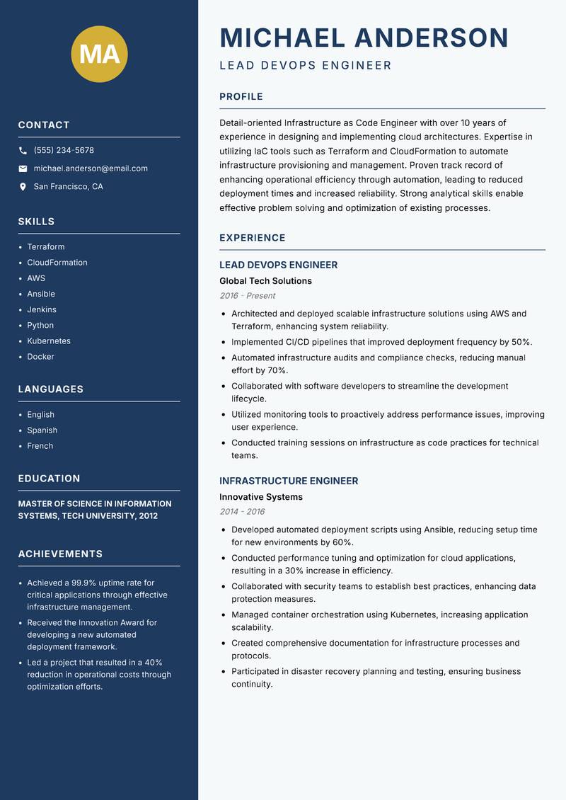 Infrastructure as Code Engineer resume sample — Lead DevOps Engineer focus
