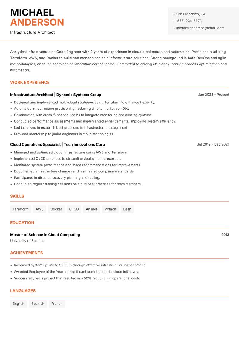 Infrastructure as Code Engineer resume sample — Infrastructure Architect focus