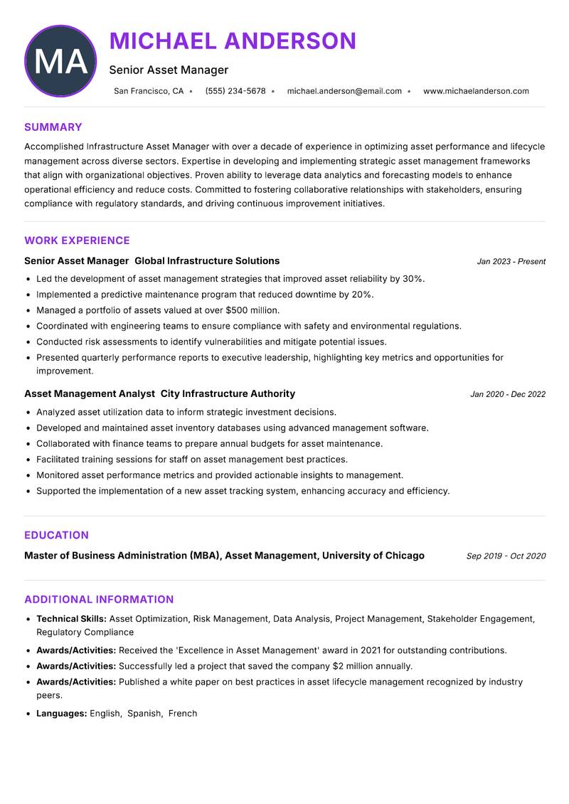 Infrastructure Asset Manager resume example