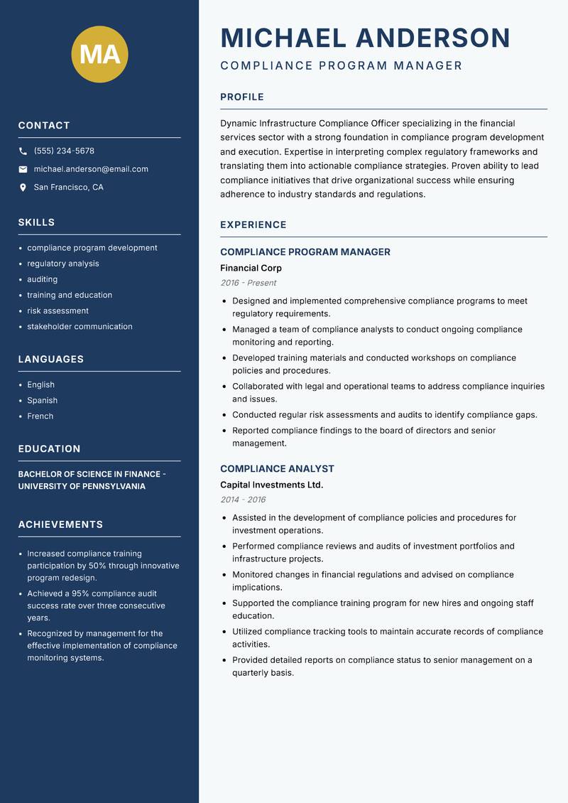 Infrastructure Compliance Officer resume sample — Compliance Program Manager focus