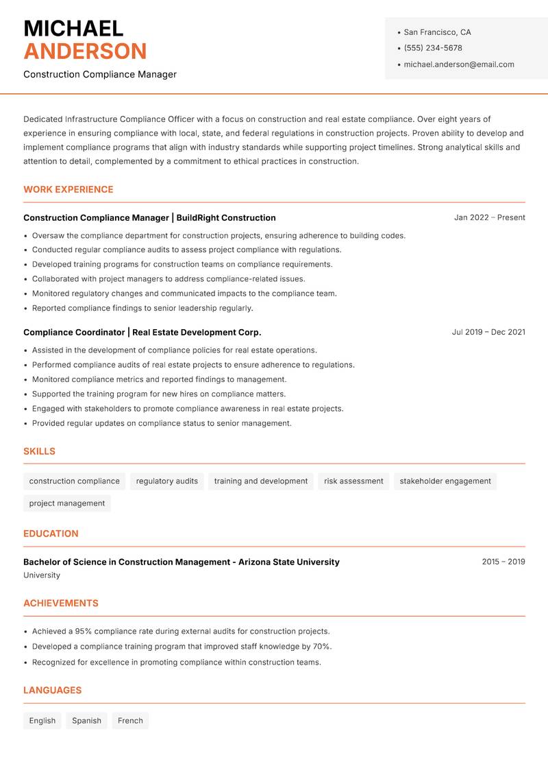 Infrastructure Compliance Officer resume sample — Construction Compliance Manager focus