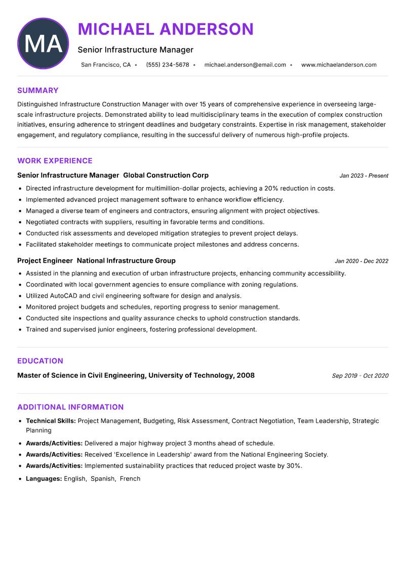 Infrastructure Construction Manager resume example