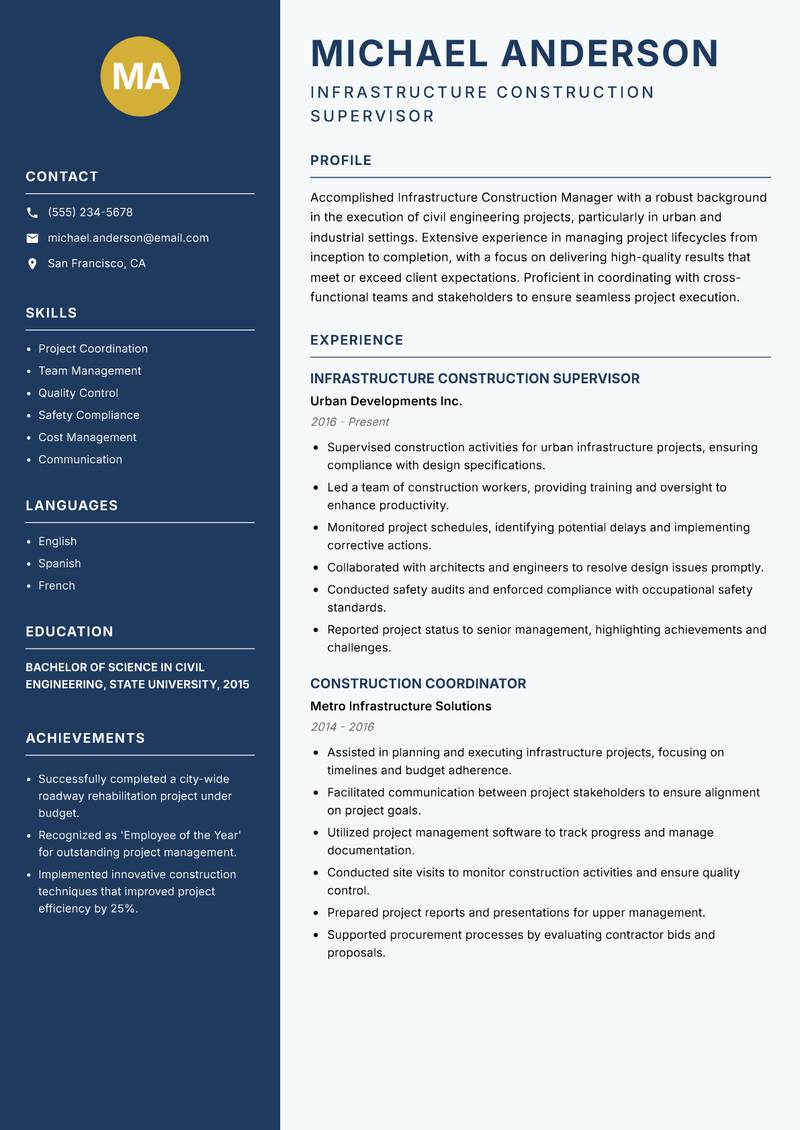 Infrastructure Construction Manager resume sample — Infrastructure Construction Supervisor focus