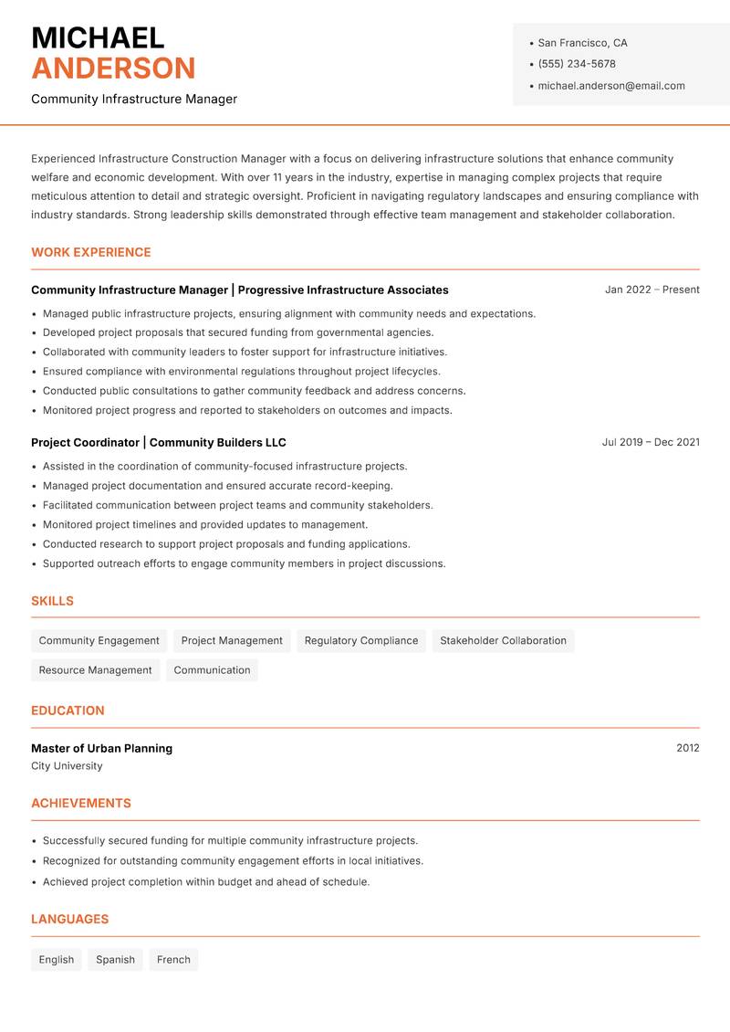 Infrastructure Construction Manager resume sample — Community Infrastructure Manager focus