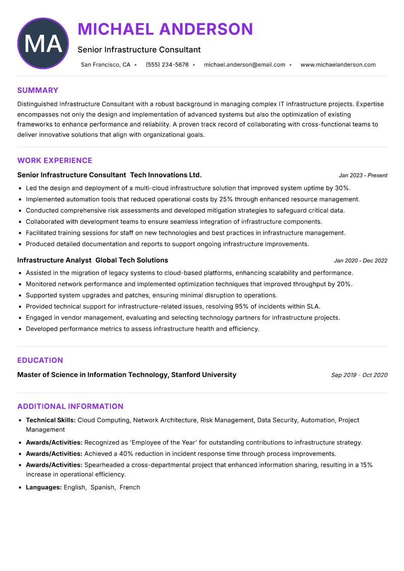 Infrastructure Consultant resume example