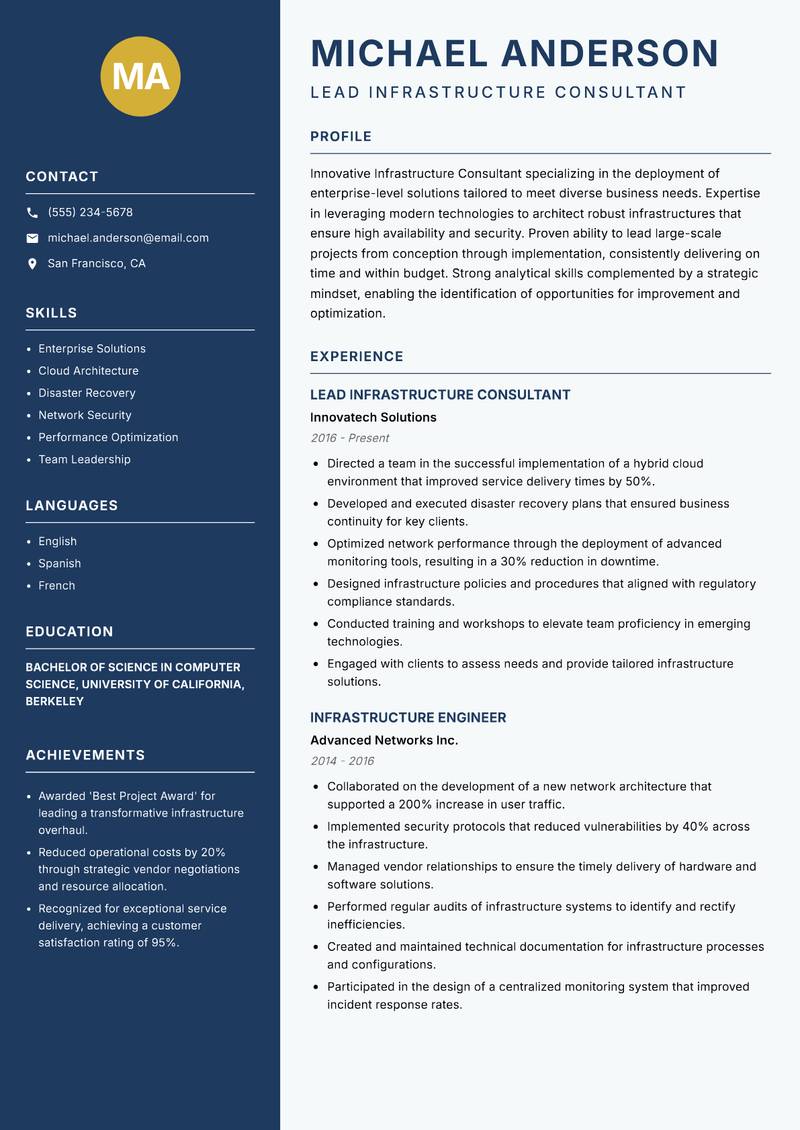 Infrastructure Consultant resume sample — Lead Infrastructure Consultant focus
