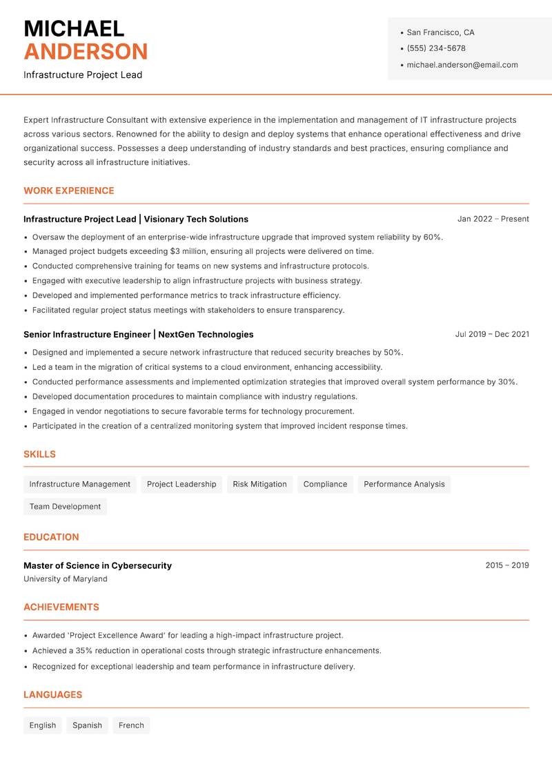 Infrastructure Consultant resume sample — Infrastructure Project Lead focus
