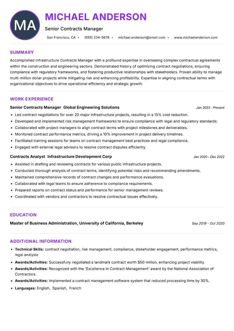 Infrastructure Contracts Manager resume example