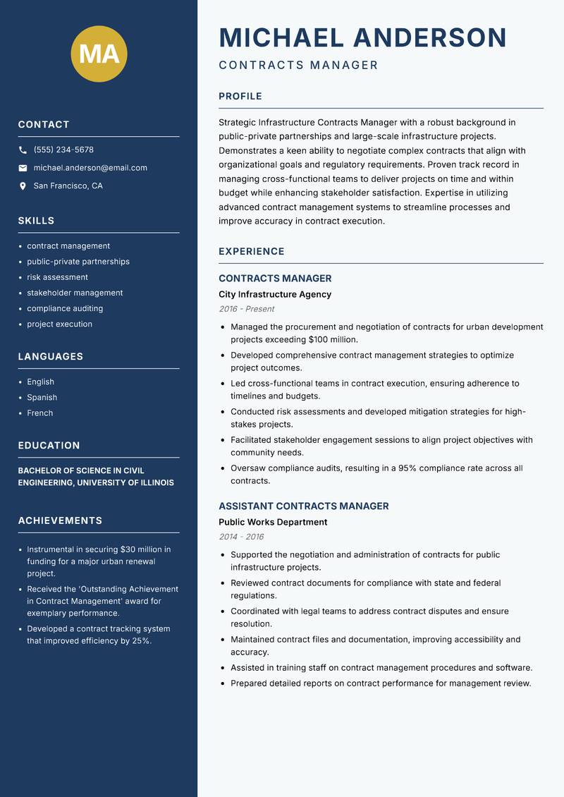 Infrastructure Contracts Manager resume sample — Contracts Manager focus