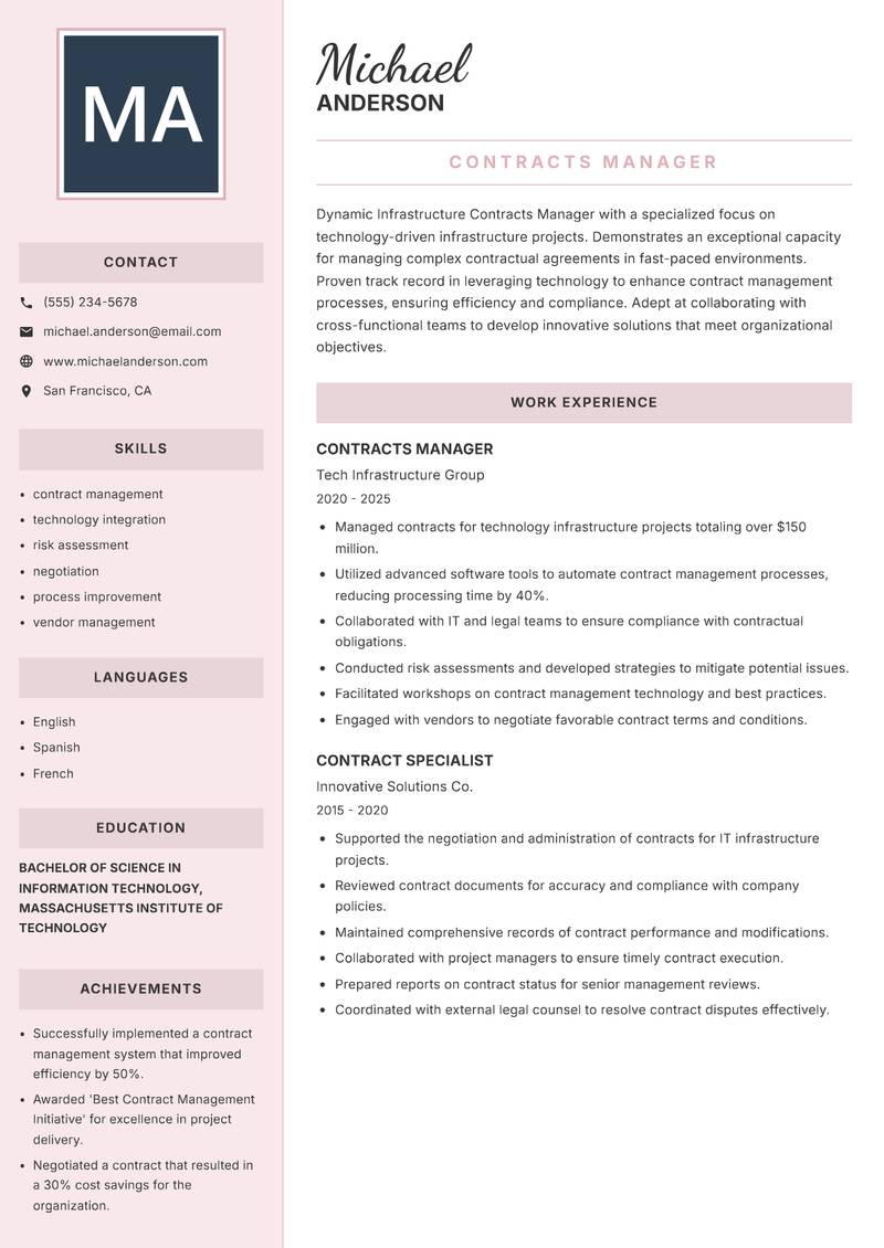 Infrastructure Contracts Manager resume sample — Contracts Manager focus