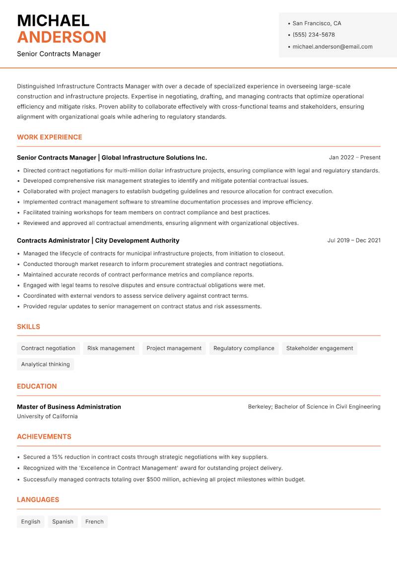 Infrastructure Contracts Manager resume sample — Senior Contracts Manager focus