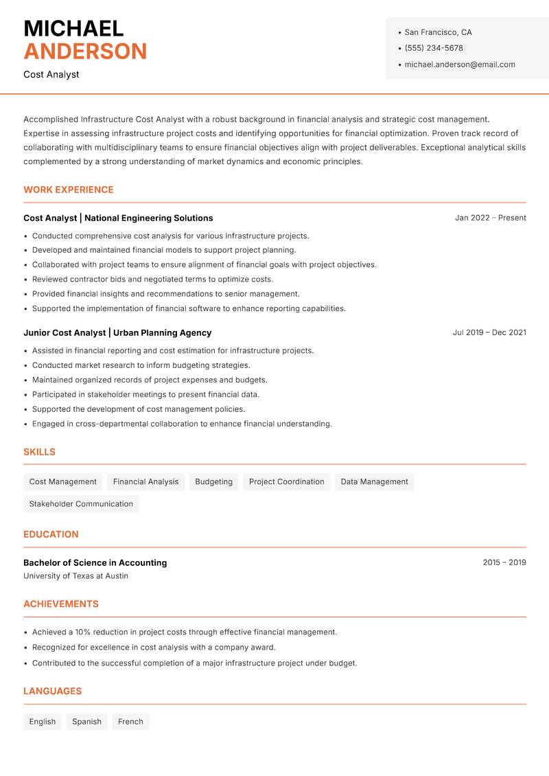 Infrastructure Cost Analyst resume sample — Cost Analyst focus