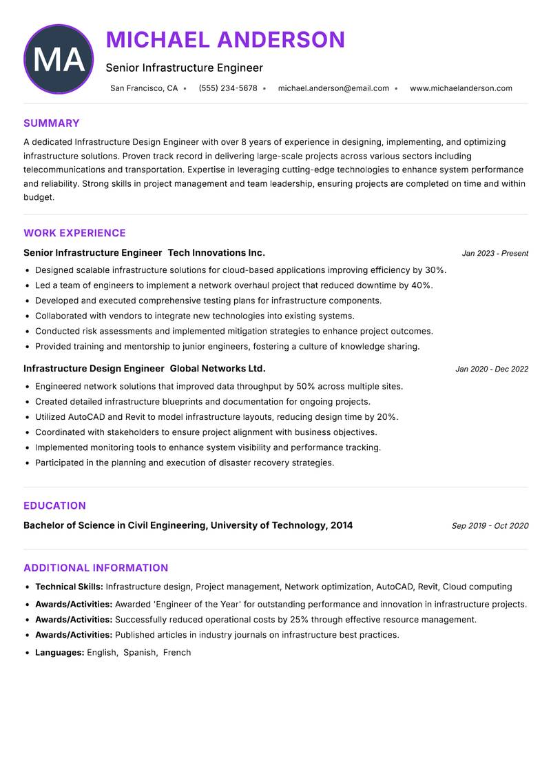 Infrastructure Design Engineer resume example