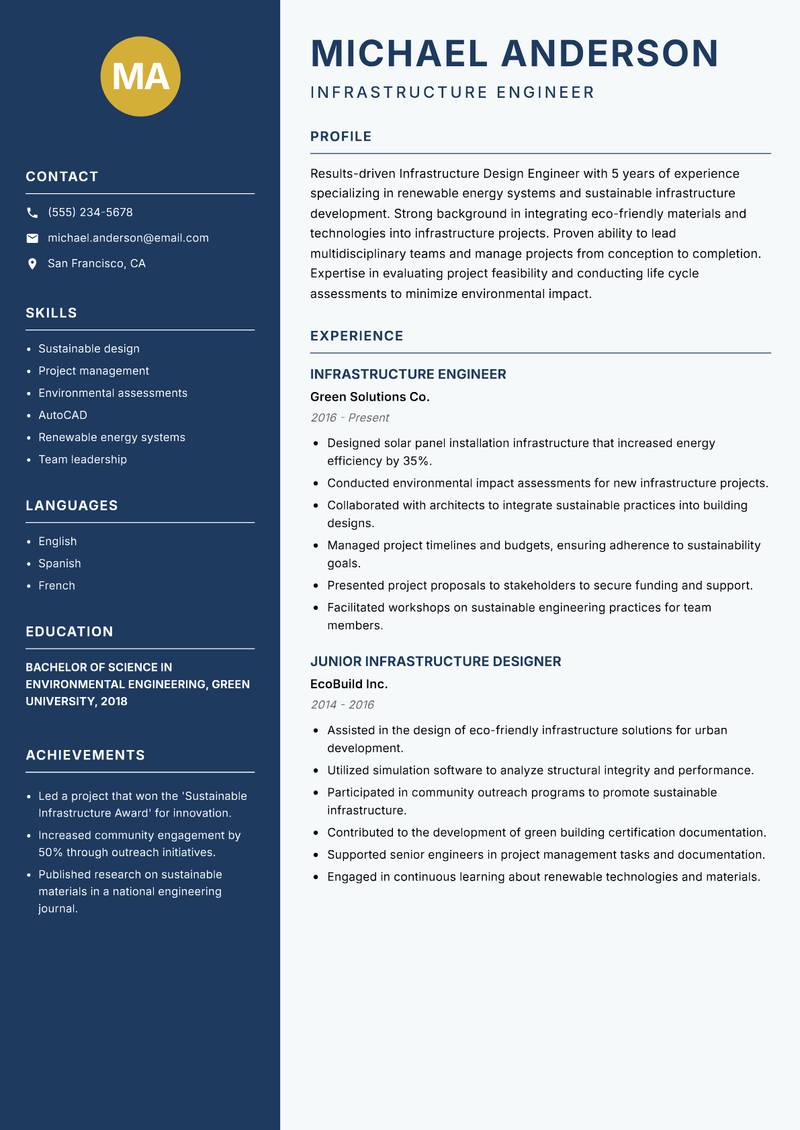 Infrastructure Design Engineer resume sample — Infrastructure Engineer focus