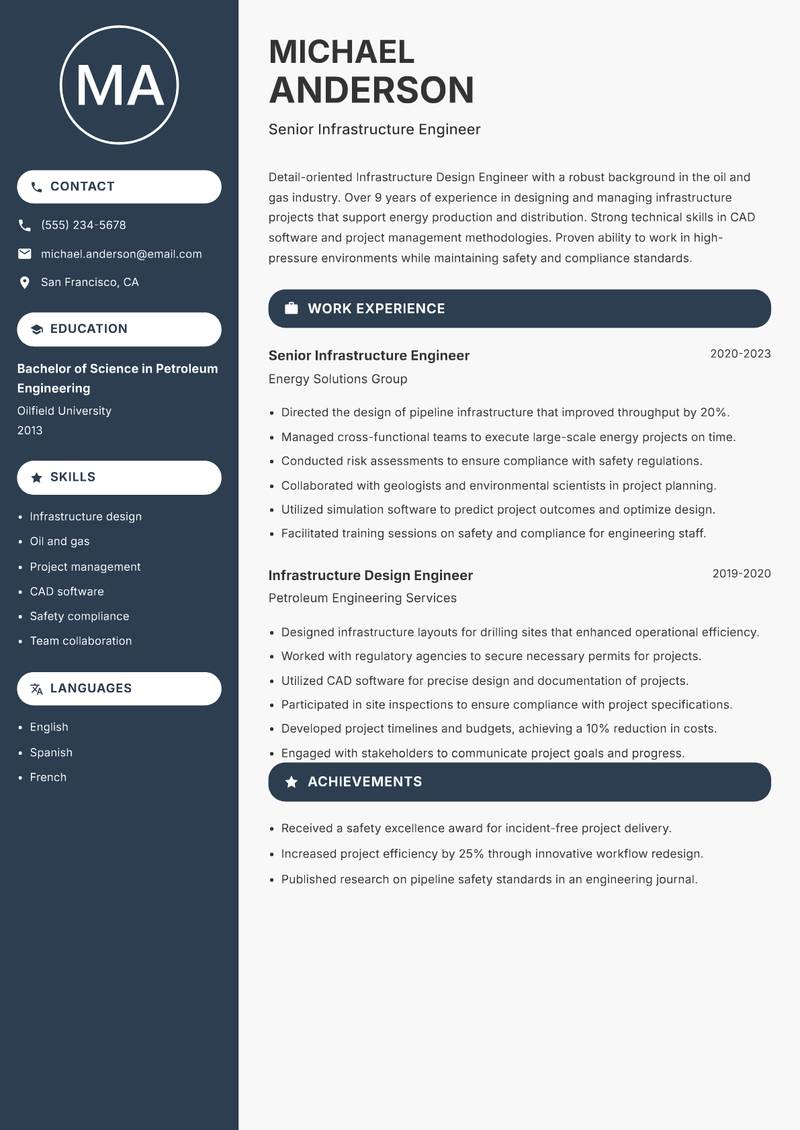 Infrastructure Design Engineer resume sample — Senior Infrastructure Engineer focus