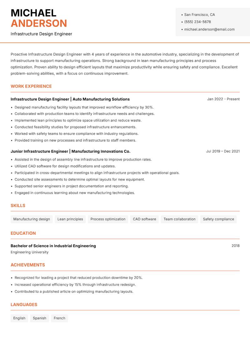 Infrastructure Design Engineer resume sample — Infrastructure Design Engineer focus