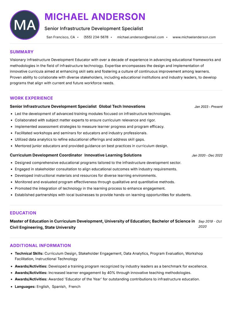 Infrastructure Development Educator resume example