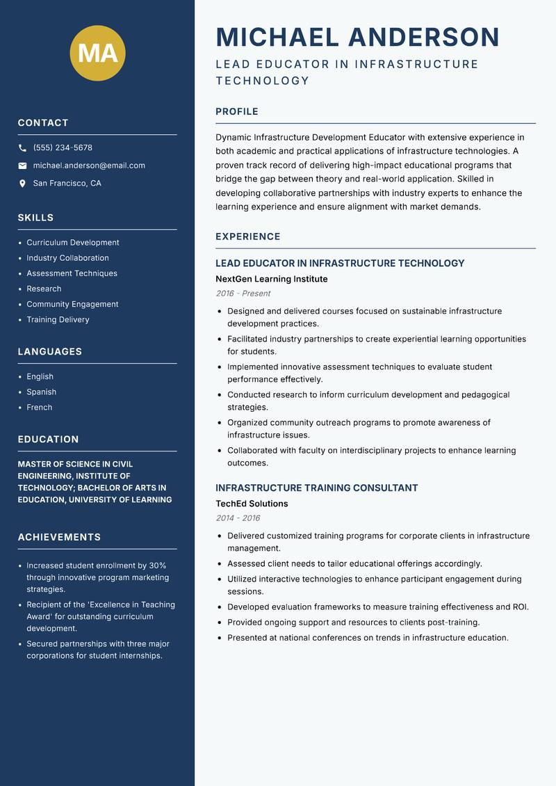 Infrastructure Development Educator resume sample — Lead Educator in Infrastructure Technology focus