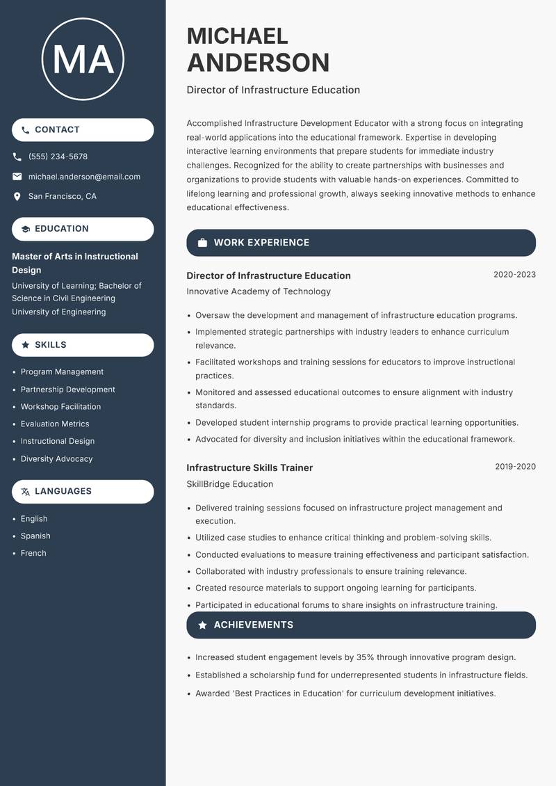 Infrastructure Development Educator resume sample — Director of Infrastructure Education focus
